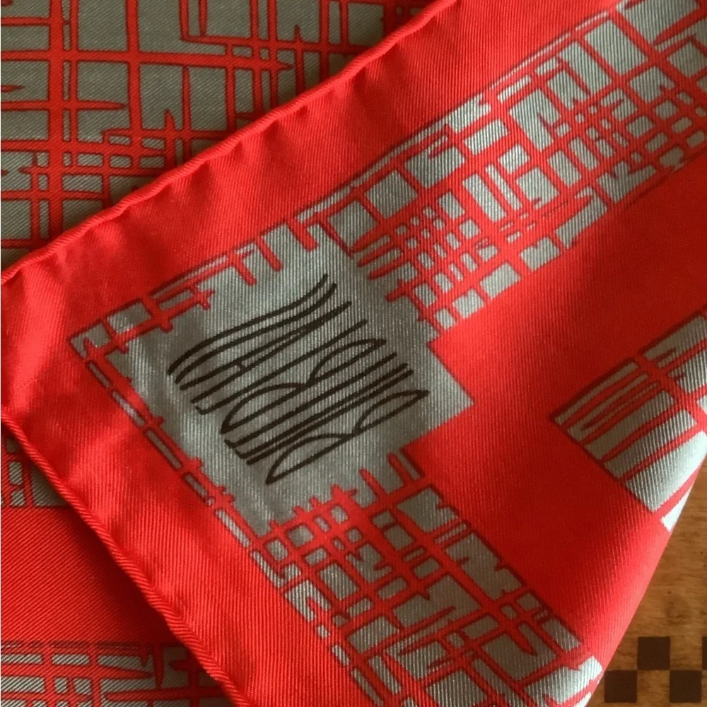 Bill Blass Vibrant Red and Gray Square Scarf